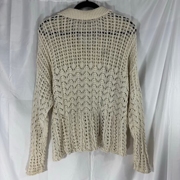 American Eagle Crochet Polo Sweater M Boho Tassel Tie Open Knit Beachy Layer - Picture 3 of 5